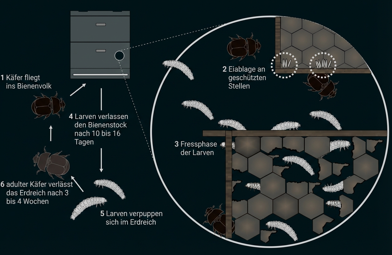 Schematische Darstellung des Befalls: Käfer und Larven im Bienenstock und im Erdboden